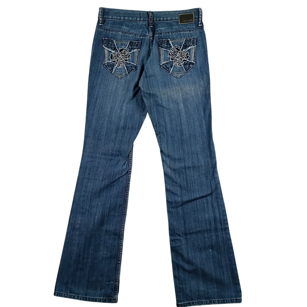 Petrol Bootcut Jean Womens 2 30X34 Blue Whisker Vintage Tall Hippie Rose Jeweled